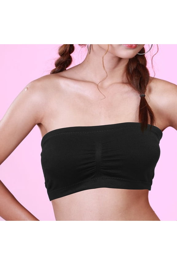 1Pack Women Bandeau Bra Double Layer Seamless Strapless Bras for Daily Wear Black Chinlon