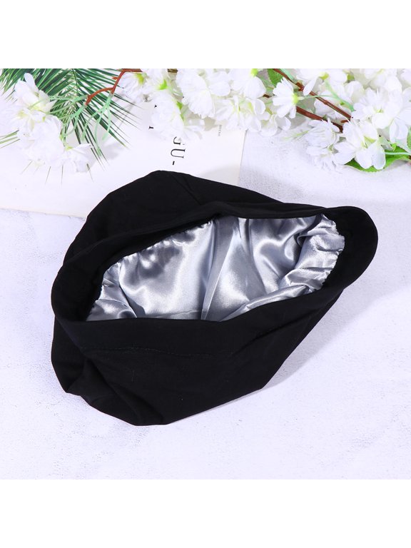 Black Elastic Cotton Satin Blend Round Cap Wide Brim Hair Cap 1 Pc