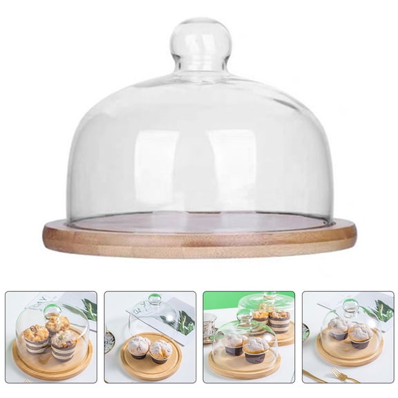 COMPUKAS 1Set Clear Glass Cake Cover Food Display Dome with Wooden Serving Tray for Restaurant and Bakery