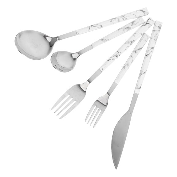 COMPUKAS Stainless Steel Fork Cutter Spoon Kit with Marble Handle Plated Silver 1Set