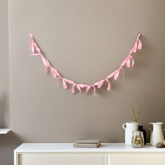 COMPUKAS 2Pcs Bow Hanging Garland Banner Pink Fabric Photo Background Decoration for Wedding Event