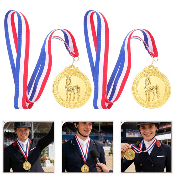 COMPUKAS 2Pcs Equestrian Horse Show Awards with Neck Ribbon Zinc Alloy Metal Medals for Racing Horse