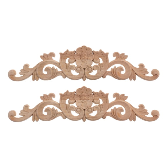 COMPUKAS Carved Floral Wood Carving Applique Beige 2Pcs Elongated Shape
