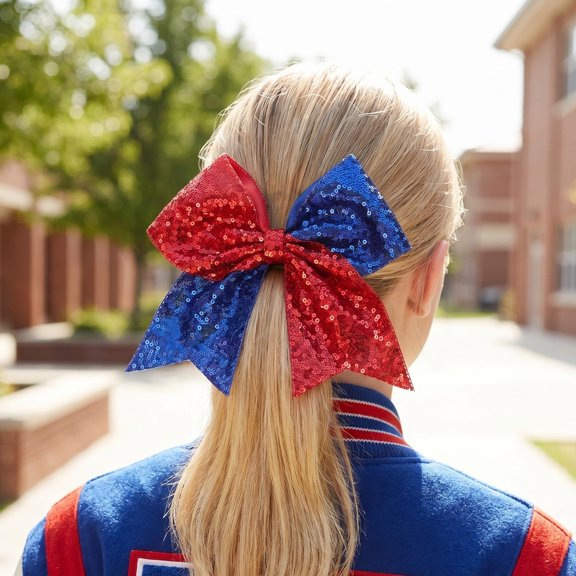 COMPUKAS 2Pcs Large Ponytail Hair Tie with Glitter Bow for Cheerleading Sport Competitions