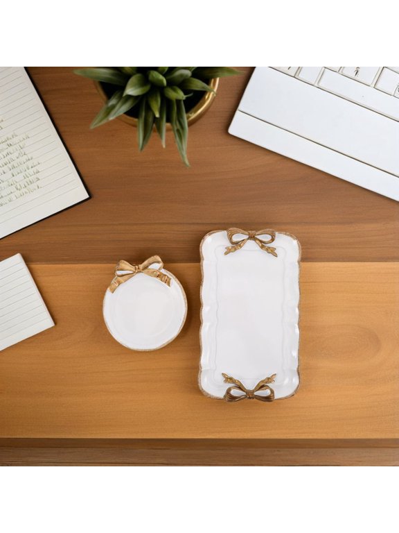 2pcs White Resin Bow Jewelry Tray for Rings Organization Vanity Tables
