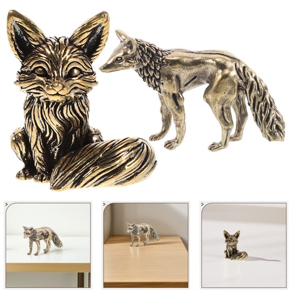 COMPUKAS 2Pcs Vintage Golden Brass Fox Figurines for Home Office Desk Decoration