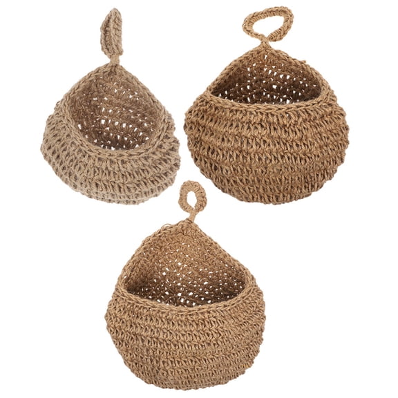 COMPUKAS 3-Piece Brown Jute Wall Hanging Storage Baskets for Kitchen Organization of Potato Onion Garlic