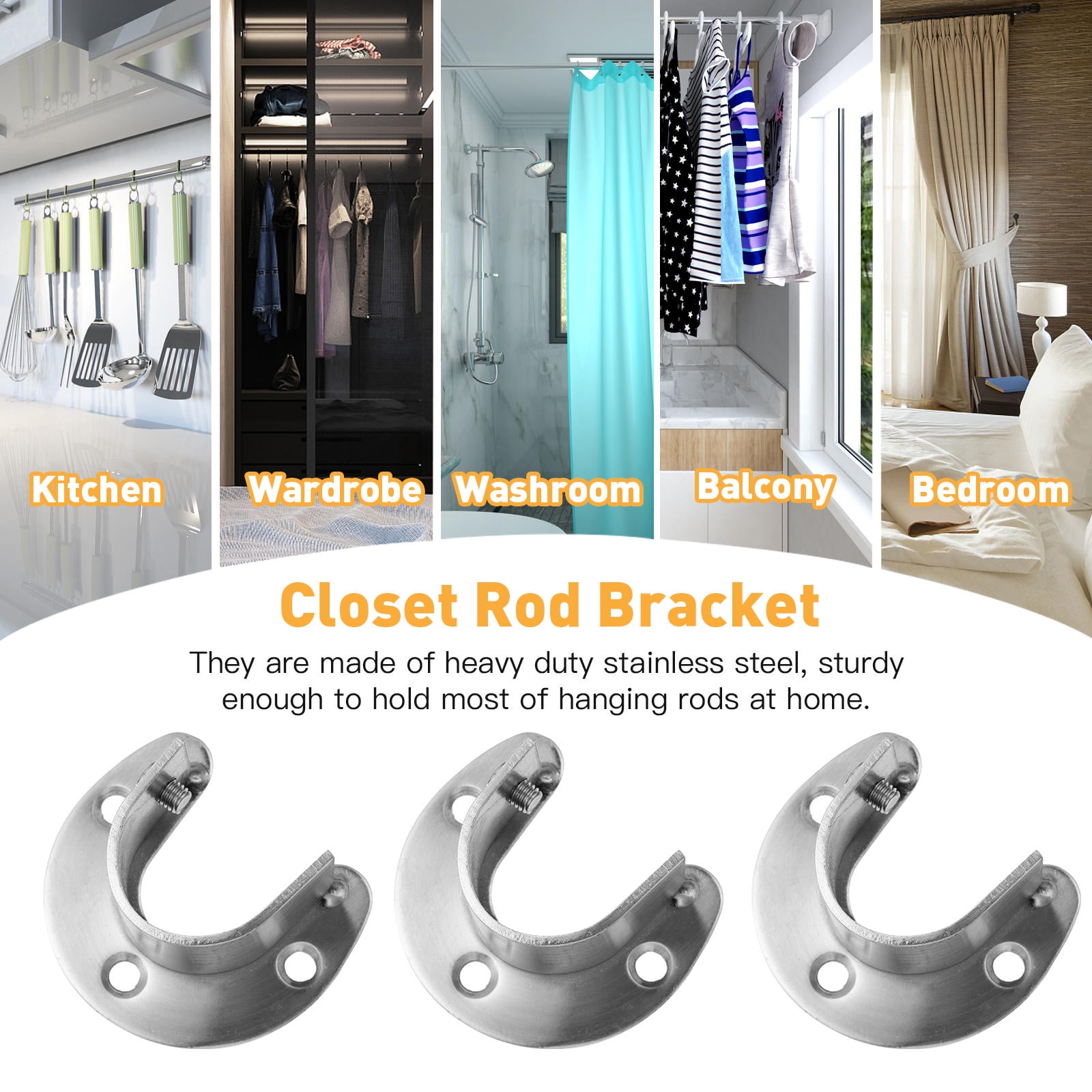 COMPUKAS 4Pcs Heavy Duty Stainless Steel Wardrobe Rod Bracket Support ...