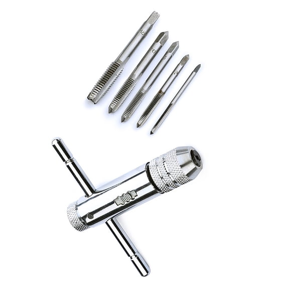 COMPUKAS Adjustable Ratchet T Handle Hand Tap Wrench With 5 Thread Taps 6 Piece Set