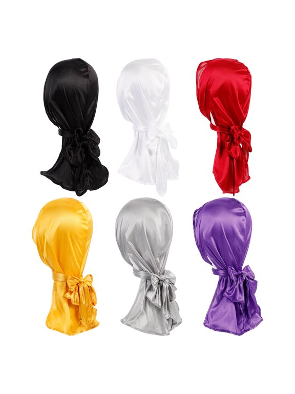 6Pcs Silk Pirate Headwrap Caps Long Tail Wrap Elastic Breathable Chemo Hat for Home Use