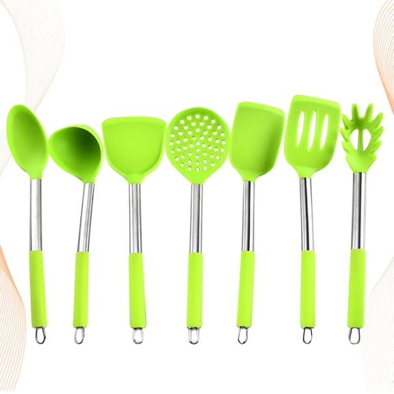 COMPUKAS 7Pcs Silicone Kitchen Tools Set Non Scratch with Stainless Steel Handles