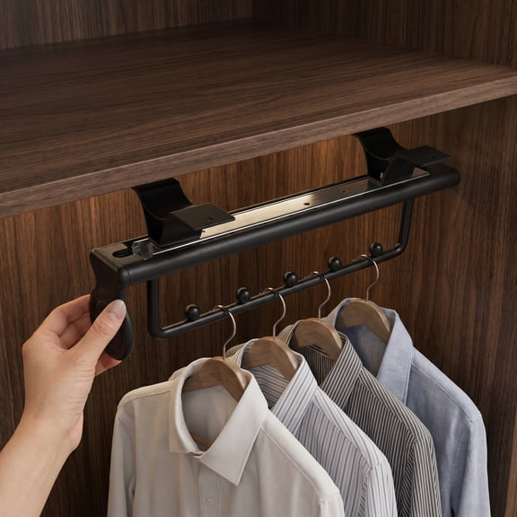 COMPUKAS Adjustable Pull Out Valet Rod for Closet Top Mount Black Stainless Steel Hanging Rail