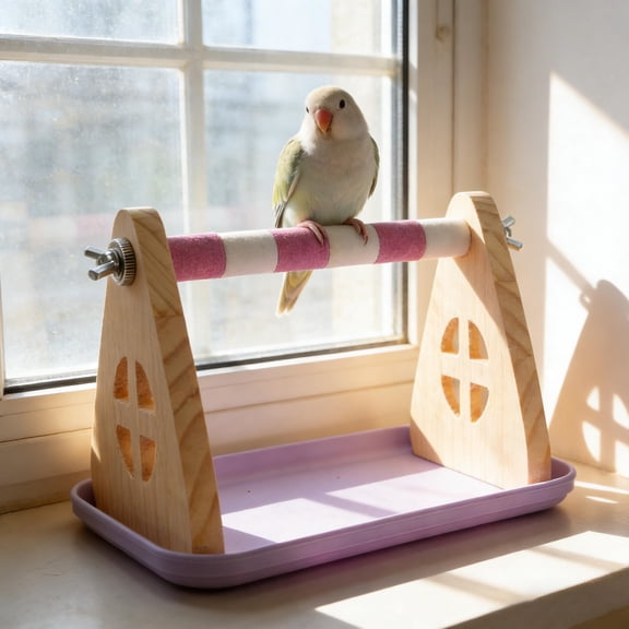 COMPUKAS Bird Stand for Window with Detachable Tray, Wood and Plastic, Portable Indoor Bird Perch