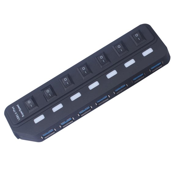 COMPUKAS Black USB 7-Port Hub with Individual LED for Laptop Computer Data Transfer