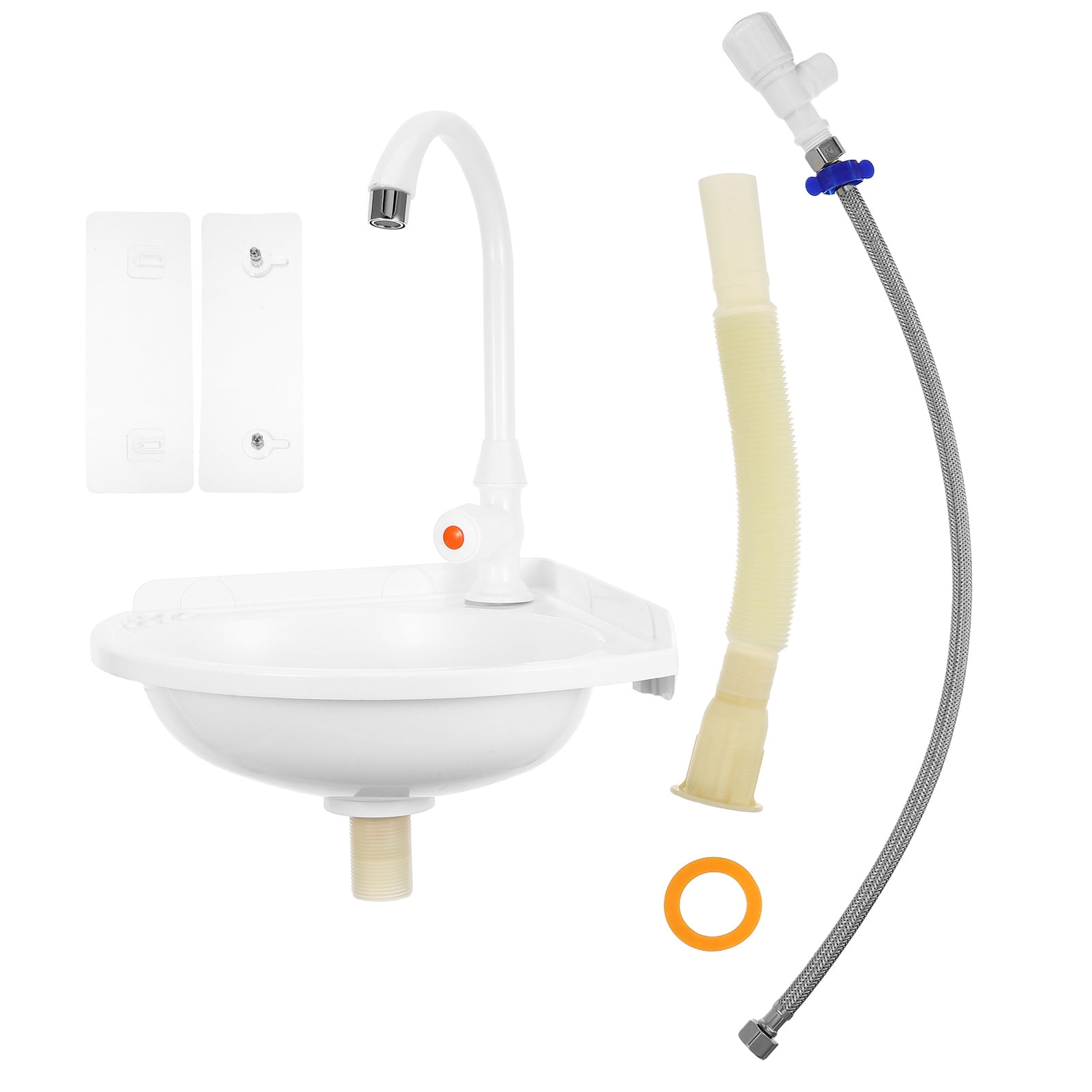 COMPUKAS Wall Mount Corner Bathroom Sink - White Plastic and Stainless Steel - Modern Minimalist Style