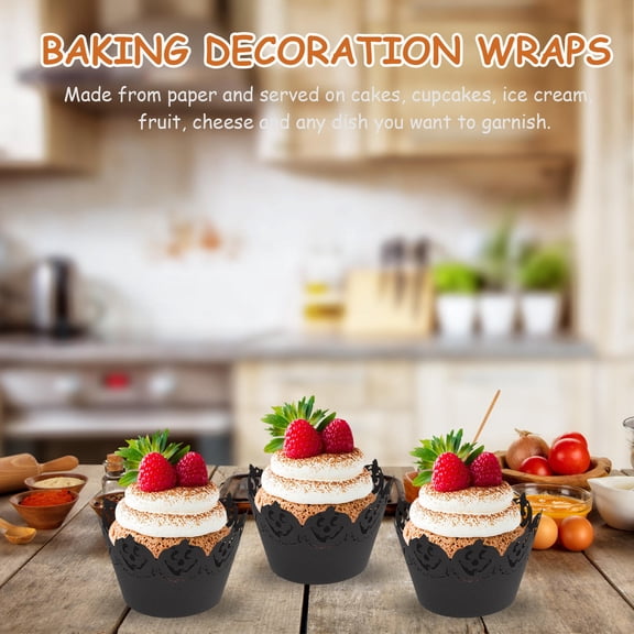 COMPUKAS  Cupcake Wrapper 24Pcs Cake Decor Hollow-Out Black Paper 8.1In
