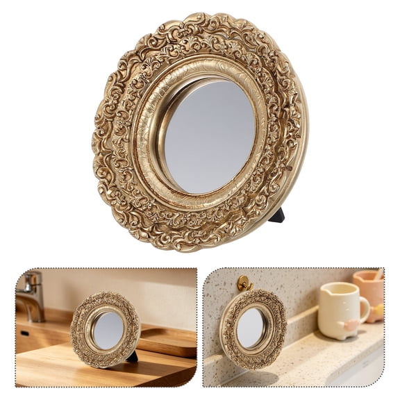 COMPUKAS Vintage Decorative Round Table Mirror with Frame, European Style Embossed Vanity Mirror for Home Decor
