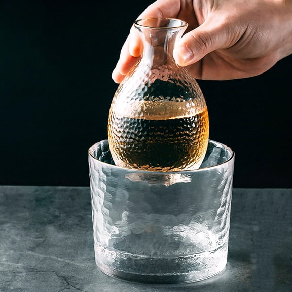 COMPUKAS Elegant Transparent Japanese Wine Warmer Ice Bucket Sake Decanter Set for Wine Use with Gold Rim