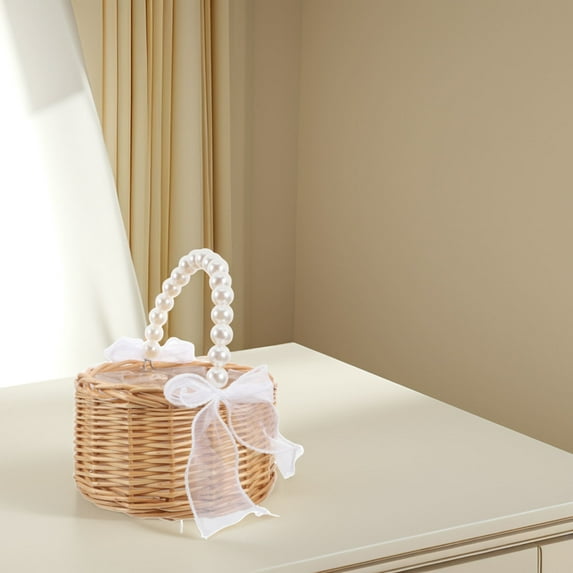 COMPUKAS Beige Rattan Wedding Basket with Handle for Flower Girls, Elegant Floral Arrangement Presentation, 1 Set