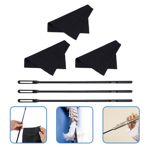 COMPUKAS Flute Cleaning Kit 1 Set 3 Rods 3 Cloths for Flute Enthusiasts in Black