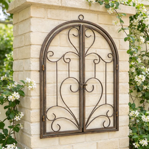 COMPUKAS Vintage Fake Window Wall Hanging, Light Brown Iron, Easy Mount, Unique Living Room Accent