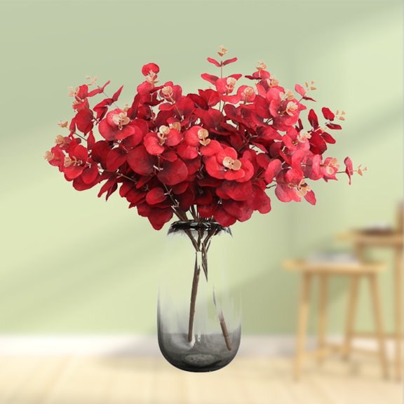 COMPUKAS Red Eucalyptus Stems Artificial Flower Bouquet Silk for Wedding Decoration and Home Arrangement 1 Pack