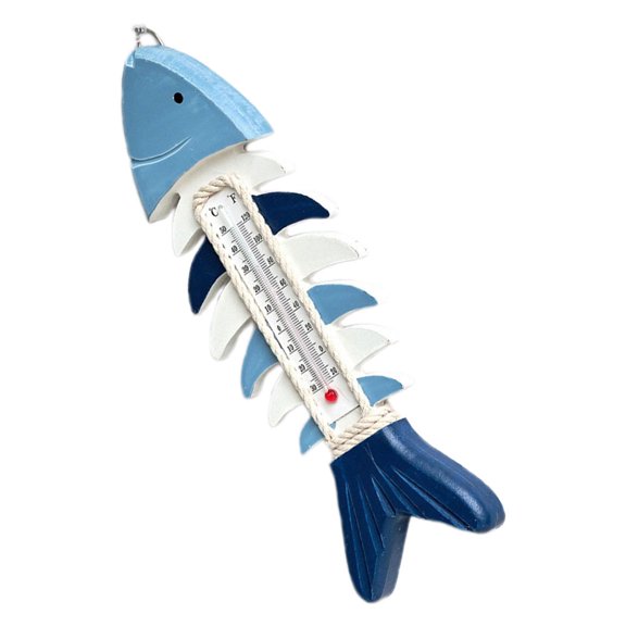 COMPUKAS Nautical Wooden Fish Bone Wall Decor with Functional Temperature Gauge for Beach Theme