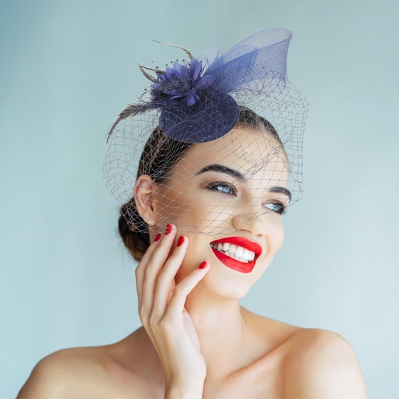 COMPUKAS Navy Mesh Fascinator Headpiece for Women with Plumage and Flower-like Design 1Pcs 11.80X4.64In