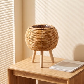 COMPUKAS Rattan Flower Pot Stand Woven Planter Holder Stool With Legs, 6x7 Inch Floral Basket Shelf for Indoor Balcony Display