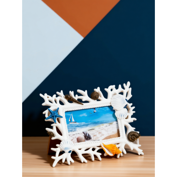 COMPUKAS Resin White Shell Photo Frame for Desktop Display and Coastal Style Decor