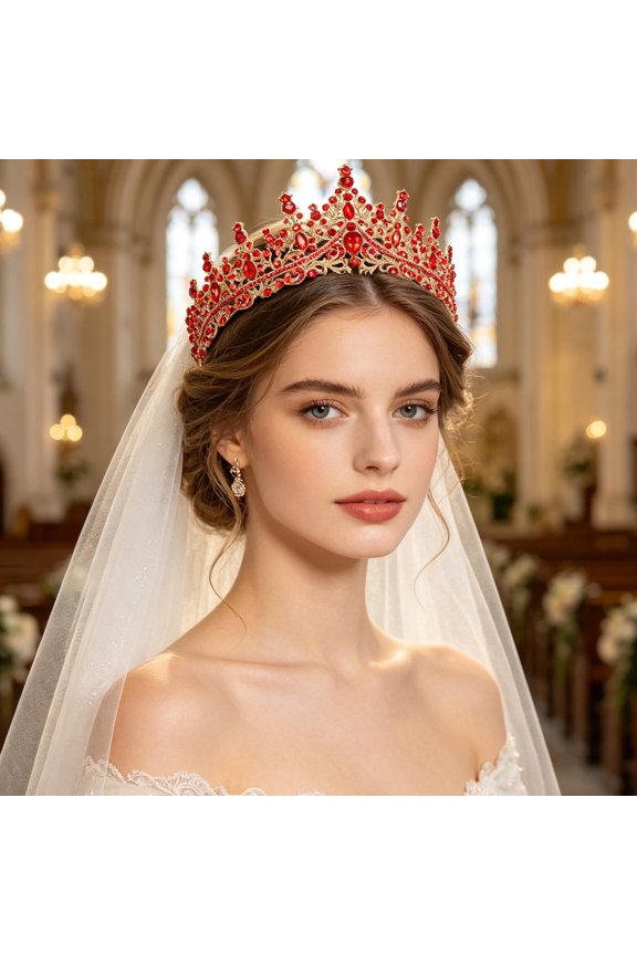 Red Crystal Rhinestone Bridal Crown Headwear for Prom and Formal Celebrations