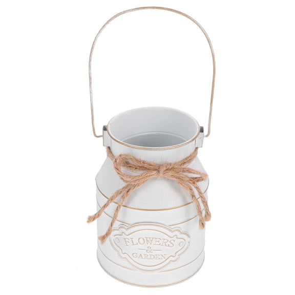 COMPUKAS Rustic White Iron Flower Vase Bucket with Handle, Farmhouse Metal Floral Planter Pail for Home Table Decor Centerpiece