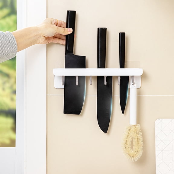 COMPUKAS White ABS Kitchen Rail with Hooks for Utensils No Drill Adhesive Mount