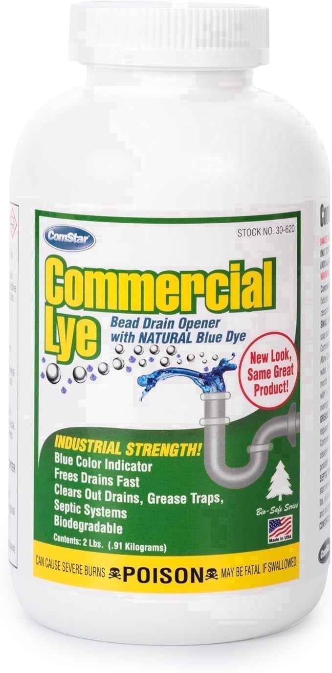 ComStar Commercial Lye | 2 lb Sodium Hydroxide Beads with Natural Blue Dye | Eco-Friendly, Industrial Strength, Drain Opener | Static-Free, Unique Beads for Soap Making | (30-620)