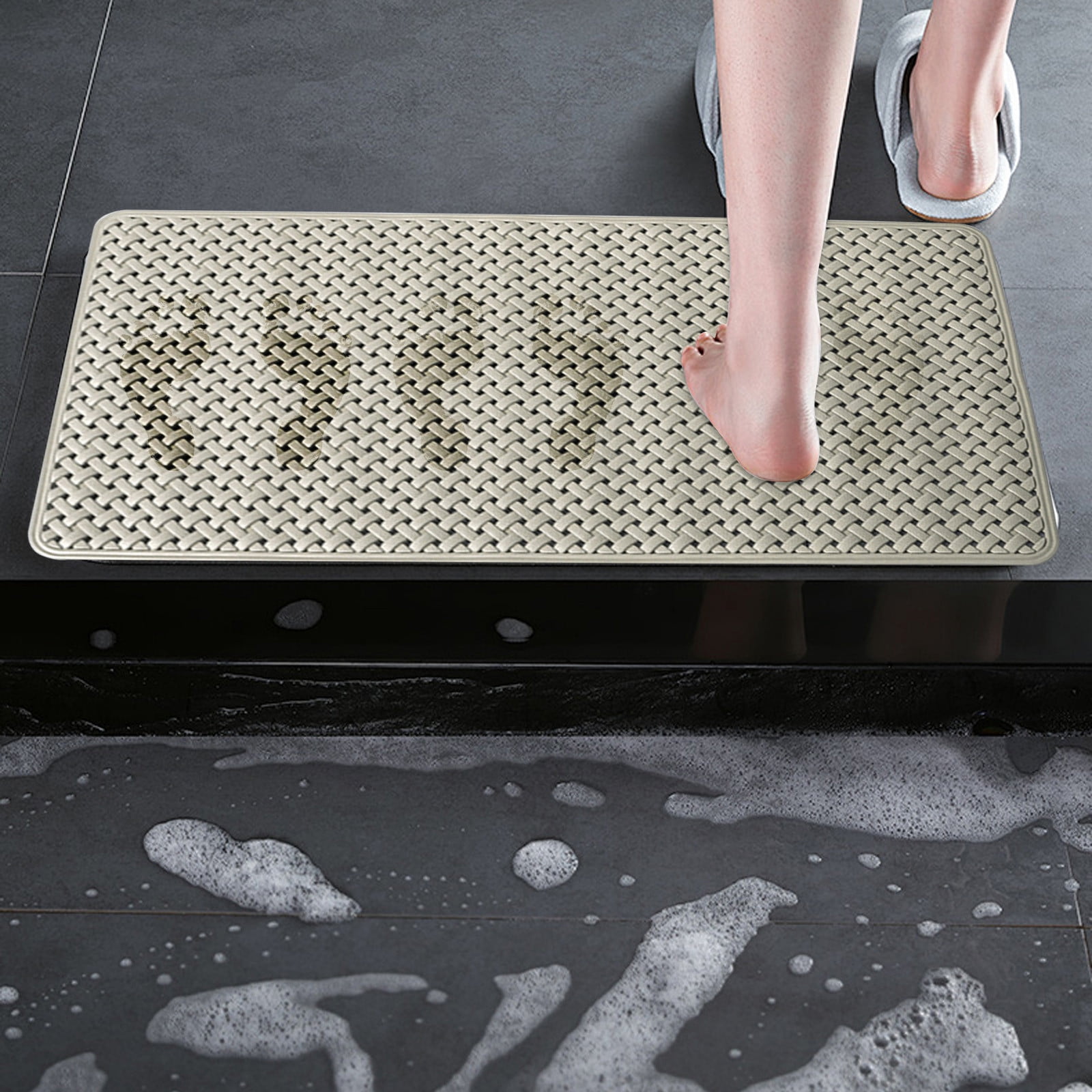 Non-Slip Bathtub Shower Mat 27x14 Inch - Suction Cup Bath Mat With Drain Holes & Foot Massage Texture, Grey