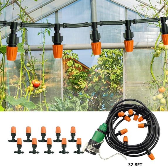 Micro Drip Irrigation Kit, Garden Irrigation System Plant Automatic Watering Kit with 32ft 1/4inch Blank Distribution Tubing Hose Adjustable Misting Sprinkler Nozzles for Greenhouse Patio