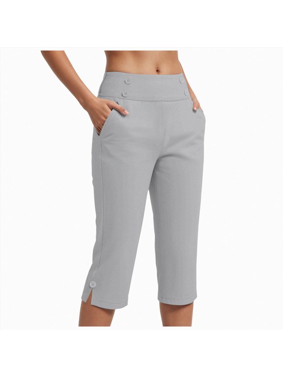 15"/18"/21"/27" Capri Pants Women High Waist Stretch Women's Golf Capris Summer with Pockets Work Casual (Light Gray, XXL)