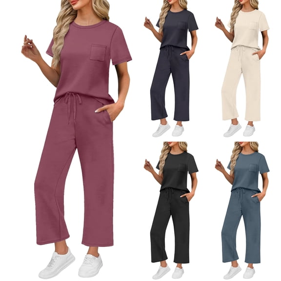 COMVALUE 2 Piece Sets for Women Casual Summer Travel Vacation Outfits Cap Sleeve Lounge Set (Beige, XXL)