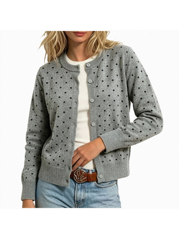 2026 Leopard Cardigan Womens Button Up Sweaters Long Sleeve Cheetah Print Cropped Cardigan Jackets (Grey, S)