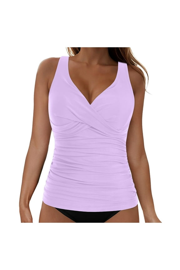 2026 Women's Tankini Tops Underwire Tummy Control Swimsuit Strappy V Neck Bathing Suit Top Only (Light Purple, L)