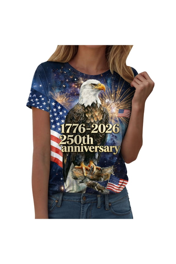 250th Anniversary USA Shirt Women America Shirt Short Sleeve Patriotic Flag Eagle Print Tee Tops 1776-2026 Tshirt Gifts (Khaki, XL)