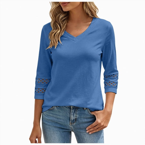 COMVALUE 3/4 Length Sleeve Womens Tops Dressy Casual Blouses for Women 2026 Trendy V Neck T Shirts Summer Clothes Blue for Size L