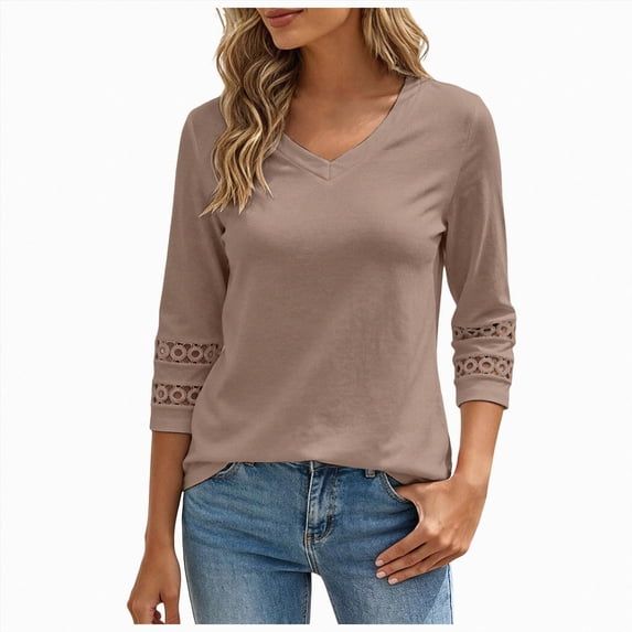 COMVALUE 3/4 Length Sleeve Womens Tops Dressy Casual Blouses for Women 2026 Trendy V Neck T Shirts Summer Clothes Khaki for Size XXL