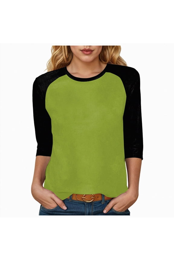 3/4 Sleeve Tops for Women Plus Size Baseball Style Tees Three Quarter Raglan Shirt Color Block Workout Jersey Tshirts Green Size M