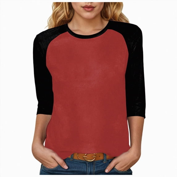 COMVALUE 3/4 Sleeve Tops for Women Plus Size Baseball Style Tees Three Quarter Raglan Shirt Color Block Workout Jersey Tshirts Red Size 3XL