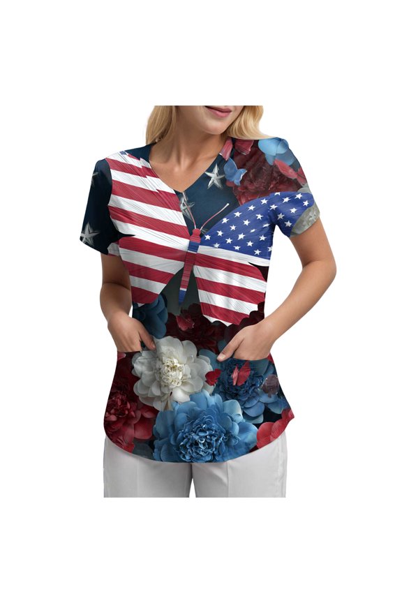 4th of July Nurse Shirt Plus Size The Stars and Patriotic Workwear Healthcare Nursing Uniforms (Blue, XL)