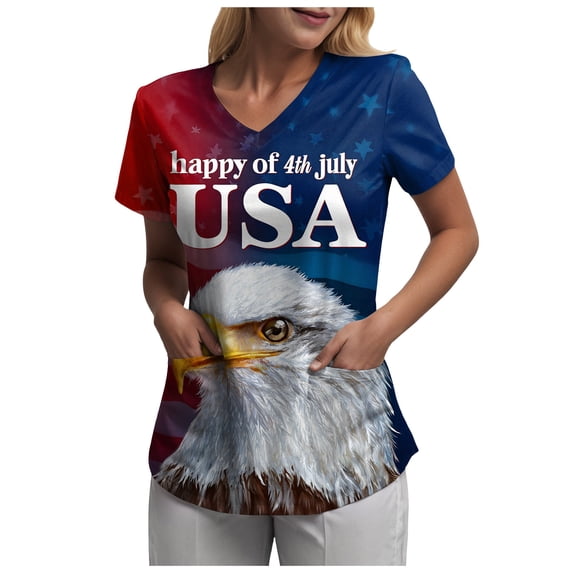 COMVALUE American 250th Anniversary Scrubs Tops for Women Short Sleeve Scrub Shirts Plus Size Nurse Uniform with Pockets (Navy, XL)