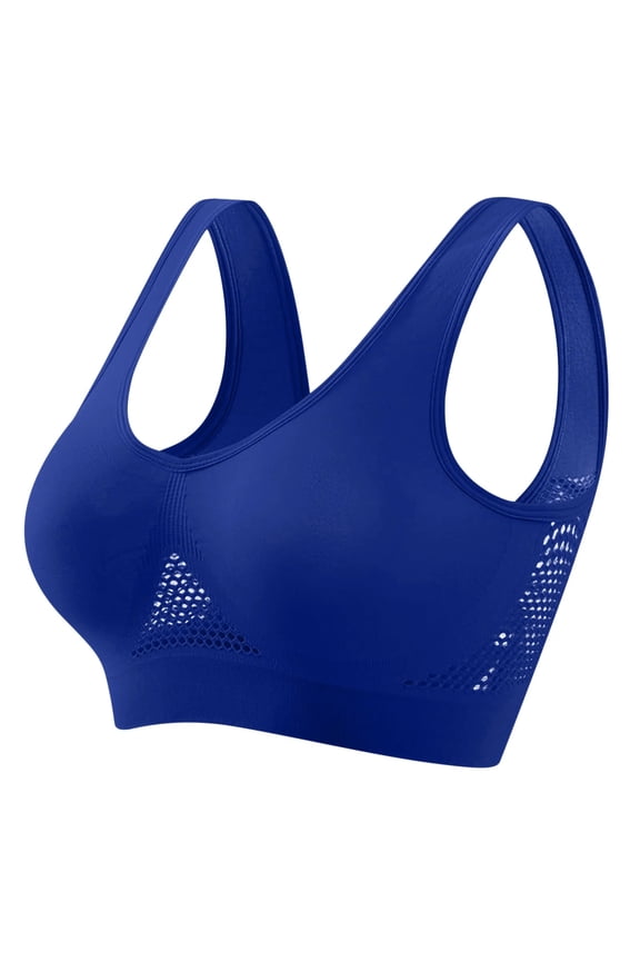 Anti-Sagging Breasts Sports Bras for Women Breathable Lift Up Air Bra Cooling Comfort Wireless Bra (Dark Blue, L)