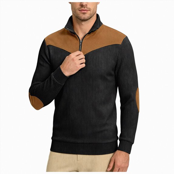 COMVALUE Athletic Fleece Quarter Zip Pullover Men Waffle Rib Knit Long Sleeve Sweat Shirts Stand Collar Oversized Sweatshirt (Black, L)
