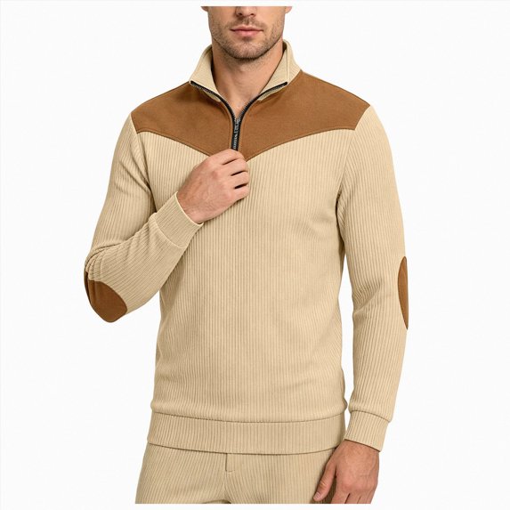 COMVALUE Athletic Fleece Quarter Zip Pullover Men Waffle Rib Knit Long Sleeve Sweat Shirts Stand Collar Oversized Sweatshirt (Khaki, L)